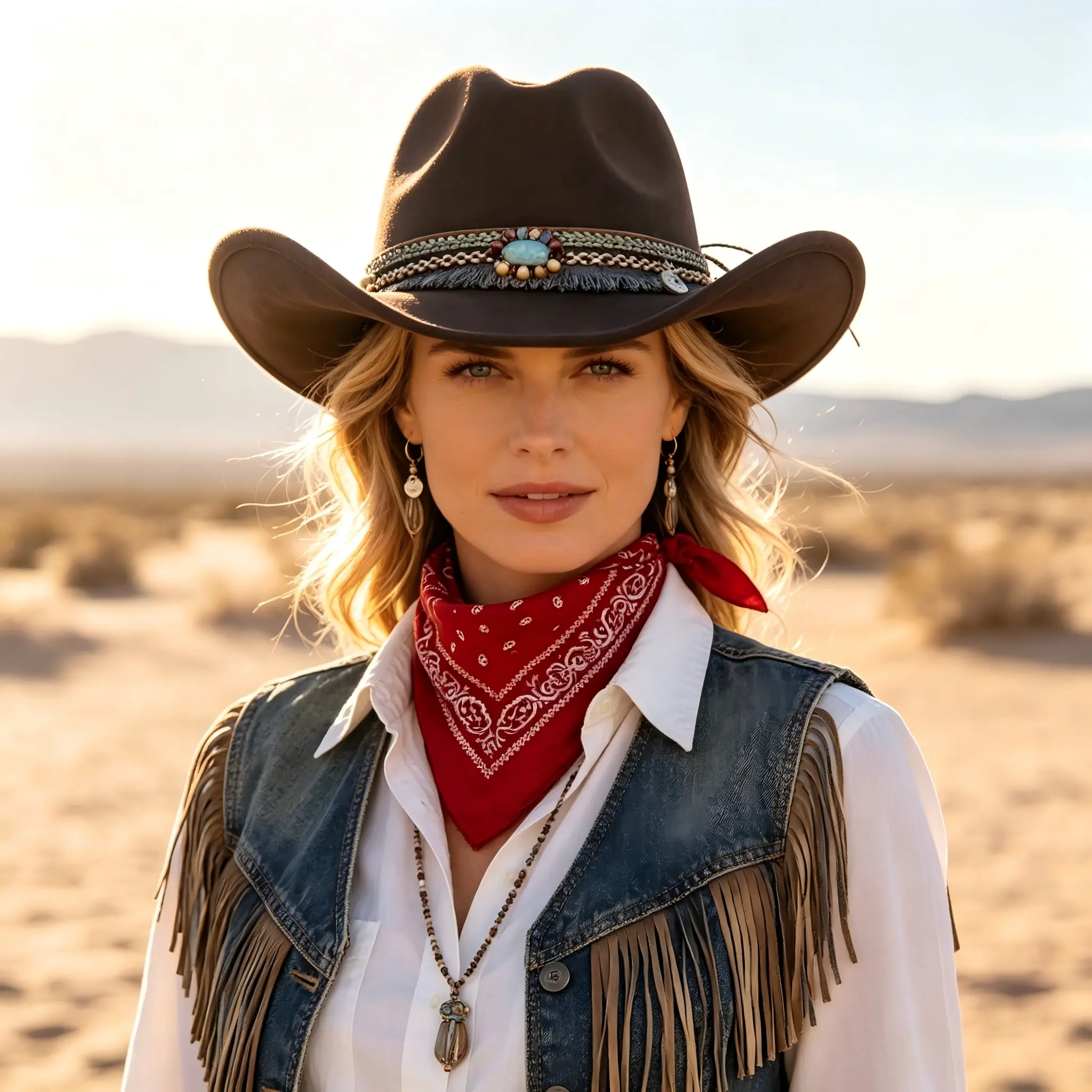 Premium Soft Felt Western Cowboy Hat, 2-Color Options (Classic Black/Vintage Brown), Bohemian Turquoise-Inlaid Beaded Multi-Layer Chain Fringe Tassel Hatband, Curved Wide Brim Sun Hat for Rodeo, Ranch, Daily Outfits