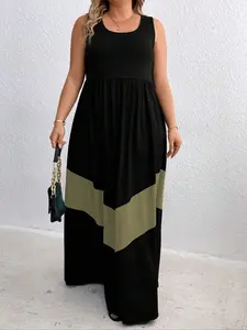 [Plus Size] Colorblock Round Neck Dress, Casual Chic Boho Sleeveless Dress for Daily Wear, Women's Plus Size Clothing for Summer, Bohemian Dresses, Casual Boho Sundress