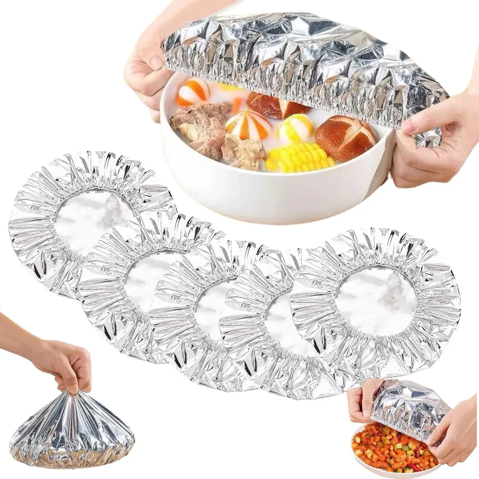 Thick Sturdy Elastic Aluminum Foil Food Covers, Reusable Cookware Lids (Square/Round) for 4-11 Inches Bowls/Plates, Microwave-Safe Easy-Clean Plastic Wrap Replacement, Practical Kitchen Tool (50/100/150 Pack)