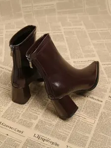Vintage High Heel Boots for Women, Fall & Winter New Arrival, Thick Sole Retro Style, PU Leather, Above Ankle Short Boot