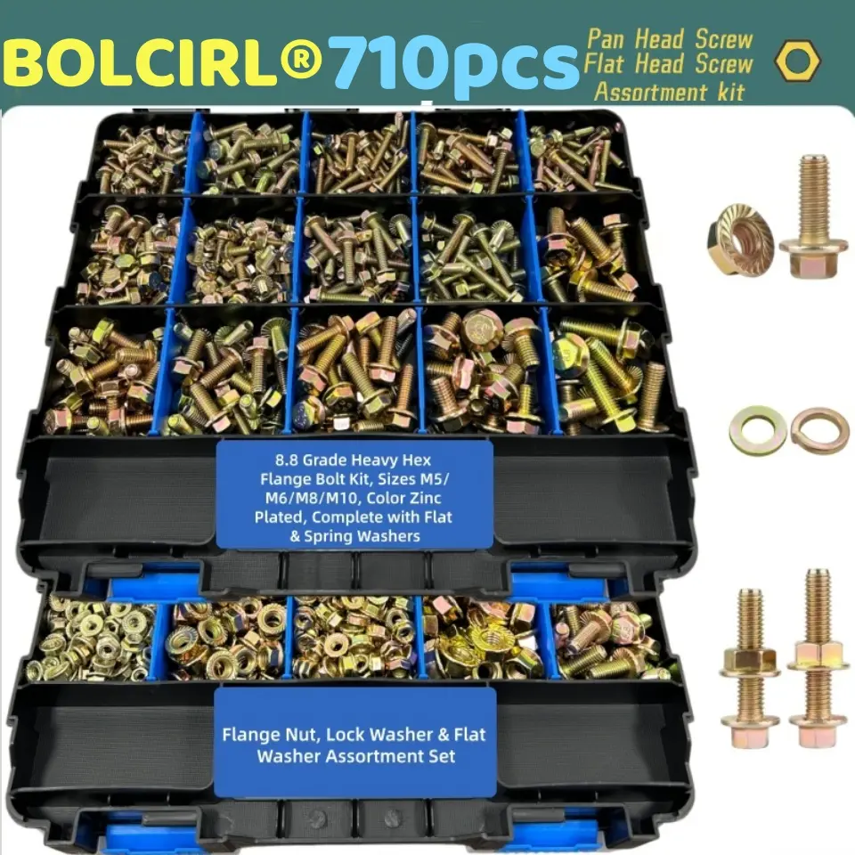 710PCS Heavy-Duty Flange Fasteners Kit | Mixed Sizes | Includes Double-Sided Storage Box