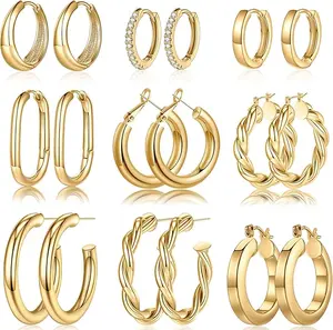 9 Pairs Gold Hoop Earrings for Women, 925 Sterling Silver Post 14K Real Gold Plated Chunky Hoop Earrings Set for Women Hypoallergenic Thick Lightweight Earring for Womens Jewelry Gifts