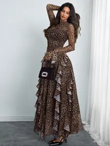 Women's Gothic Elegant Leopard Print Vintage Irregular Fitted Long Sleeve Asymmetrical Ruffle Dress, Womenswear, Stylish Retro Fashion, Perfect for Casual & Party Wear