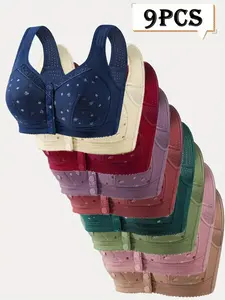 9-Piece Wireless Breathable Underwear, Lingerie Set, Plunge Full Coverage Bra, Buckleless Design, Medium Support, Casual Style, All Seasons Wear