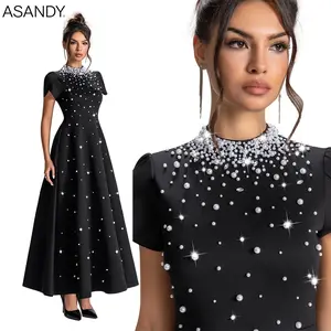ASANDY Black Starry Rhinestone & Pearl Mock Neck Maxi Dress Puff Sleeve Flared Gown for Wedding Guest Evening Gala Date Night