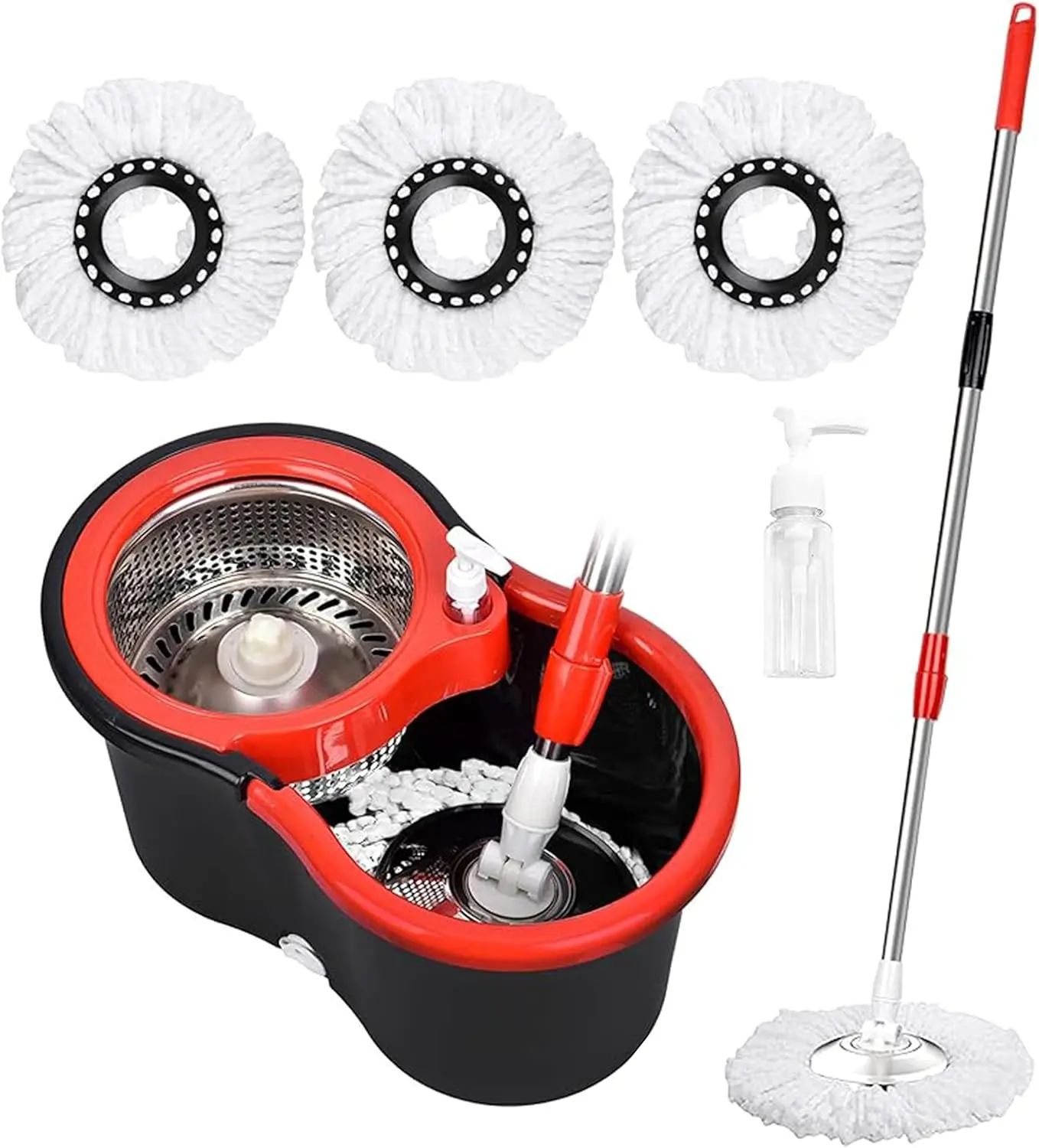 Black 360° Rotating Microfiber Mop and Floor Cleaning Bucket Set - Adjustable Extendable Handle, 3pcs Mop Heads, Multicolor Home Cleaning Tool, Floor Cleaning Buckets