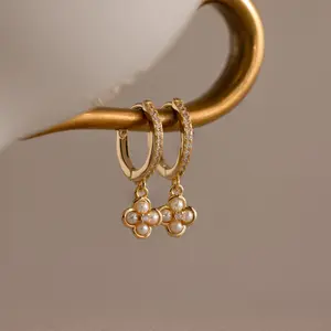 Pave Rounded Flower Pearl Hoops by Caitlyn Minimalist - Dainty Pearl & Diamond Drop Earrings - Floral Charm Earrings - Bridal Jewelry - Gift for Her