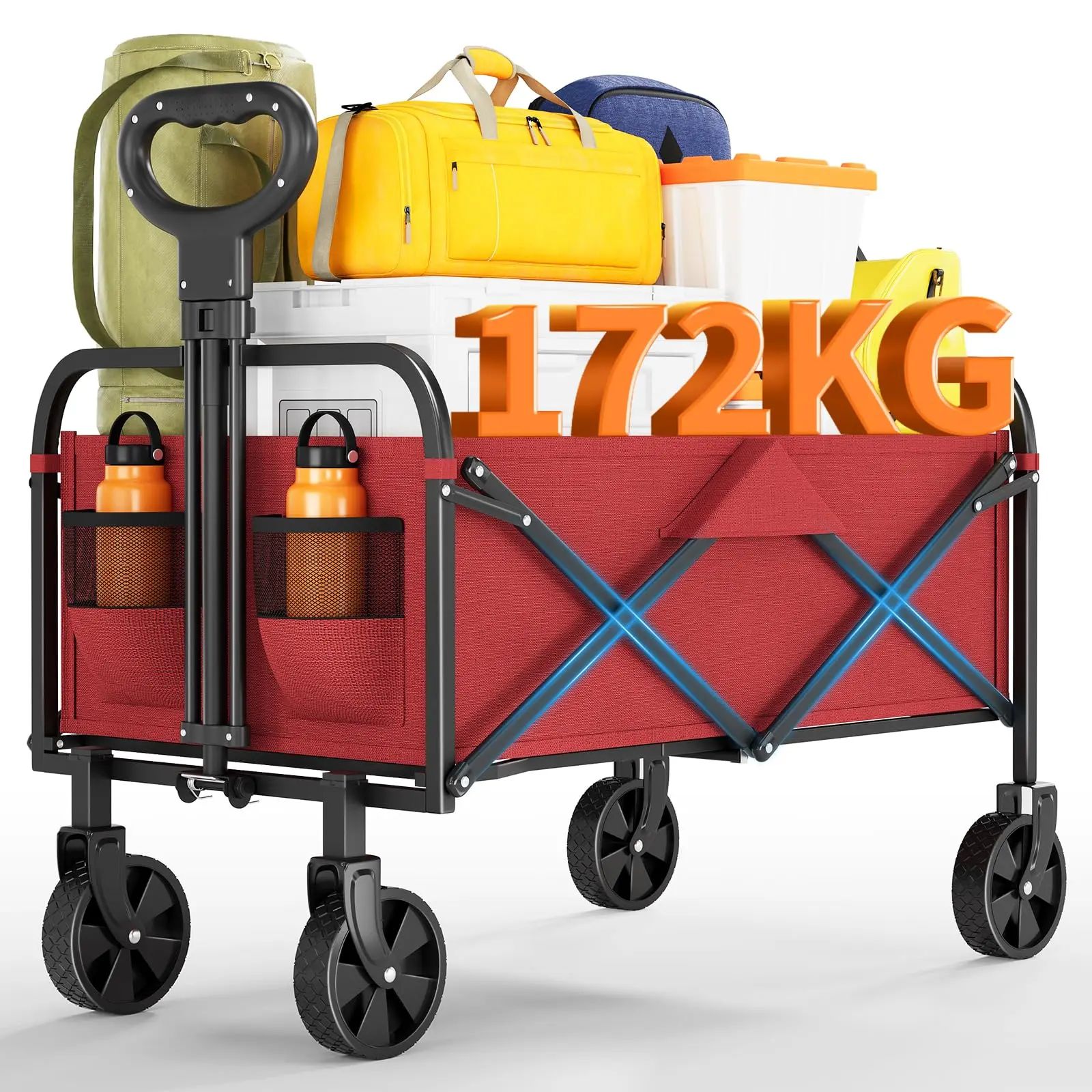 GARVEE Heavy Duty Collapsible Wagon Cart, 380Lb Capacity Foldable Utility Wagon with 5" All-Terrain Wheels & Drink Holders for Grocery Shopping,Red
