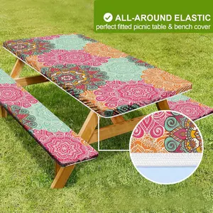 Bohemian geometric patterns, Stretch tablecloth, outdoor camping tablecloth and chair cover, picnic camping table and chair dust cover, portable table and chair protection case, firmly fixed (only table cover and chair cover, does not include furniture)