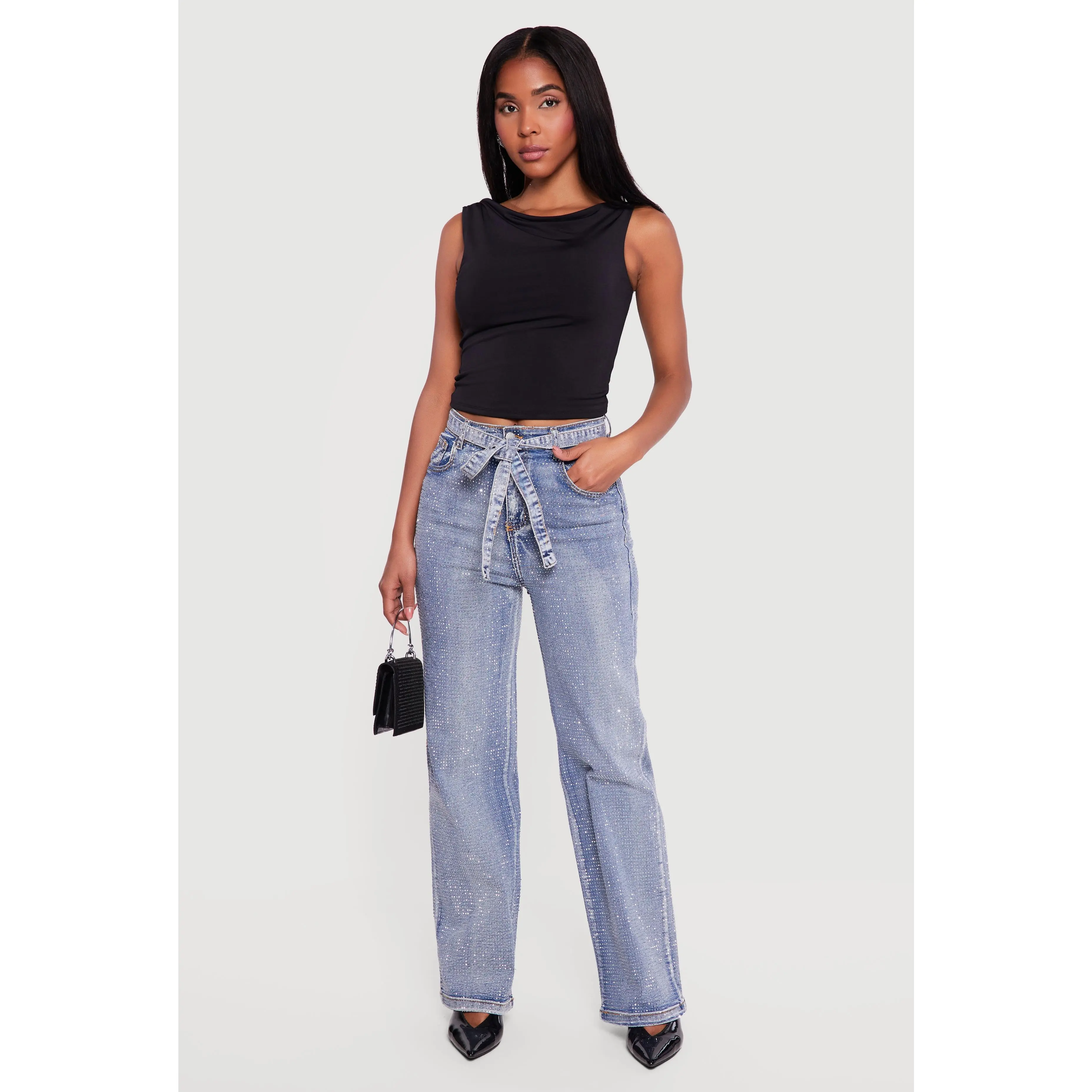 High Waisted Tie Waist Belted Rhinestone Studded Jeans