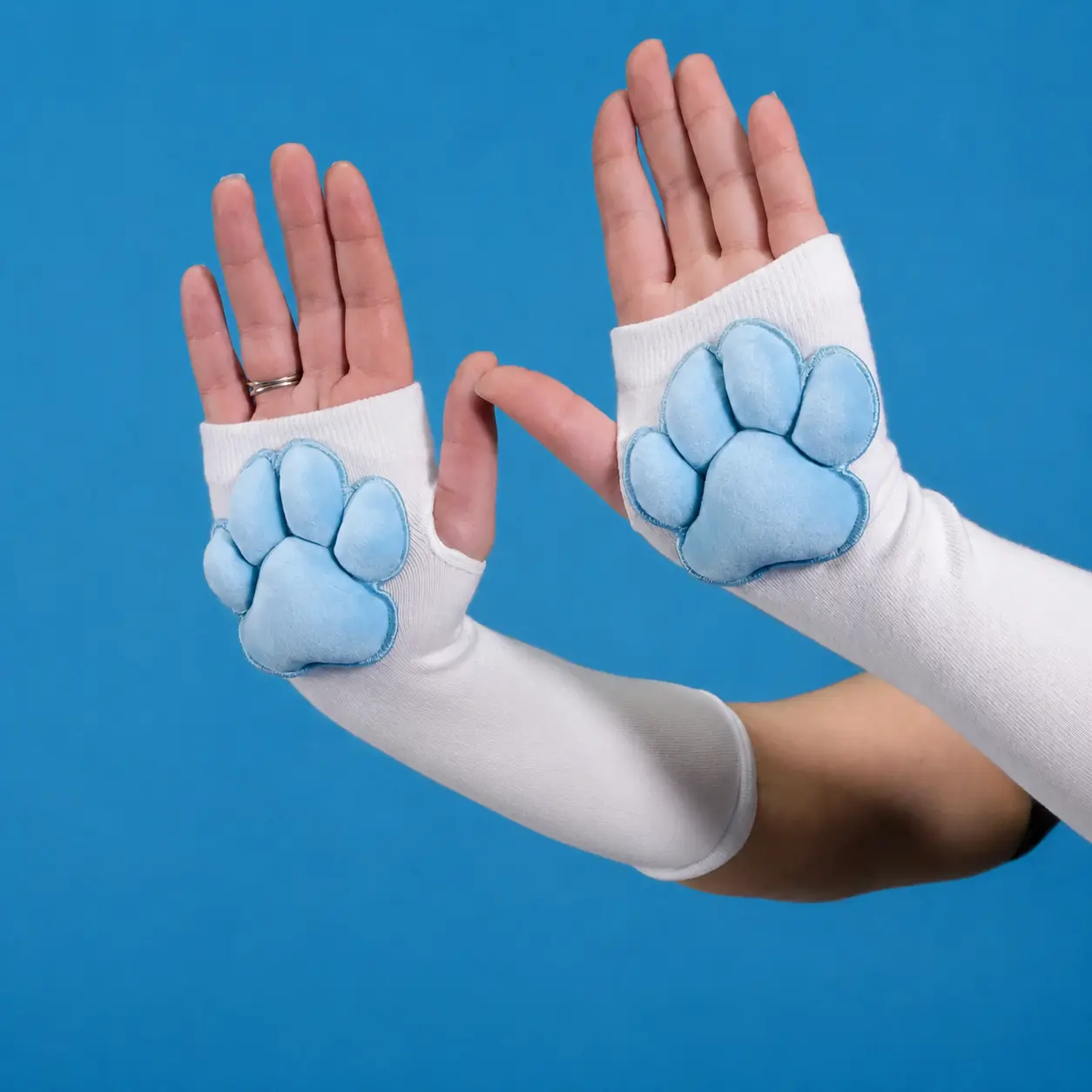 Blue Plush Cat Paw Pad Beans on White Finger-less Gloves for Cosplay Furry