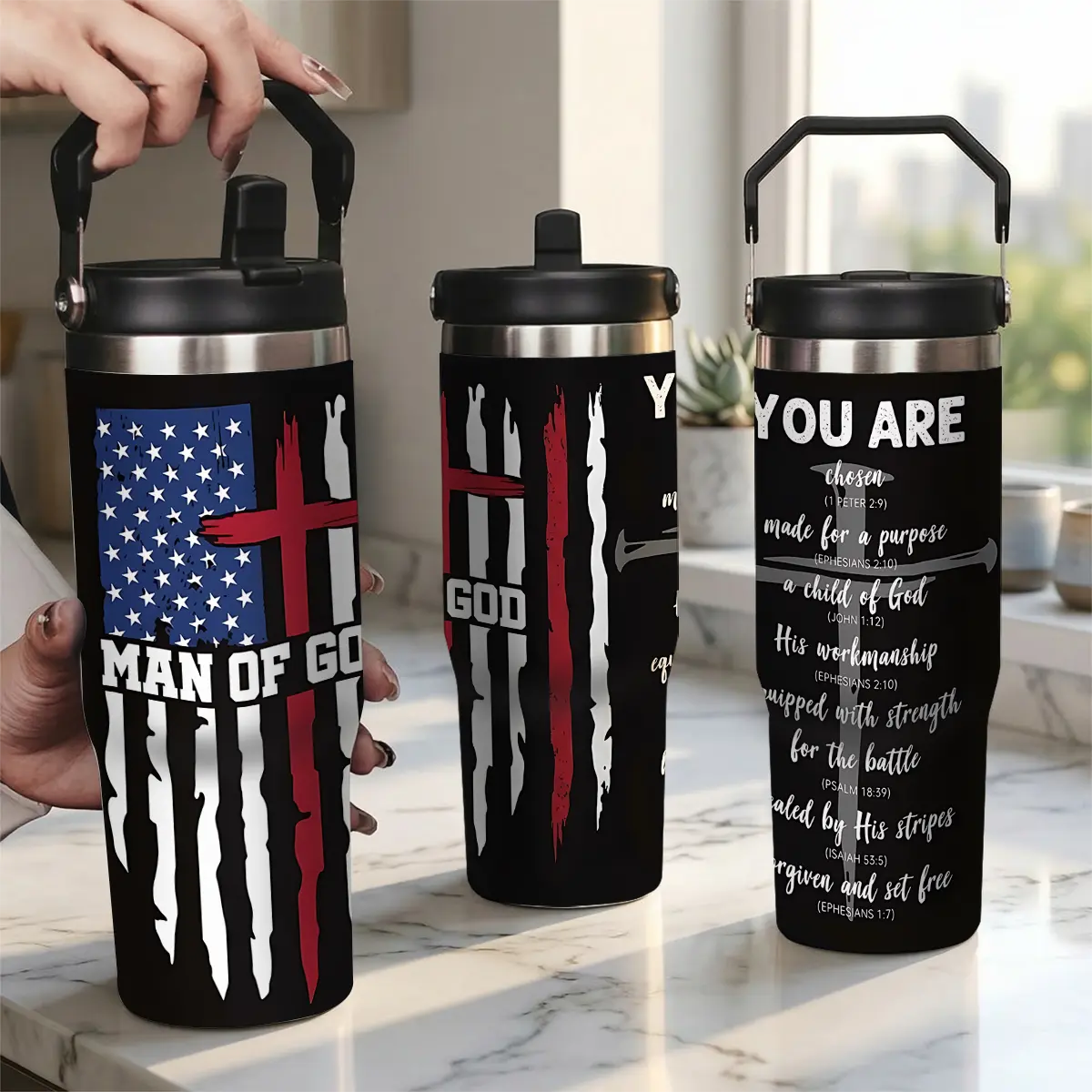 Man of God Christian Gifts for Men - Skinny Tumbler with Lid and Straw - Patriotic American Flag Cross Stainless Steel Double Wall Vacuum Insulated Travel Coffee Mug - Religious Scripture Gifts for Him