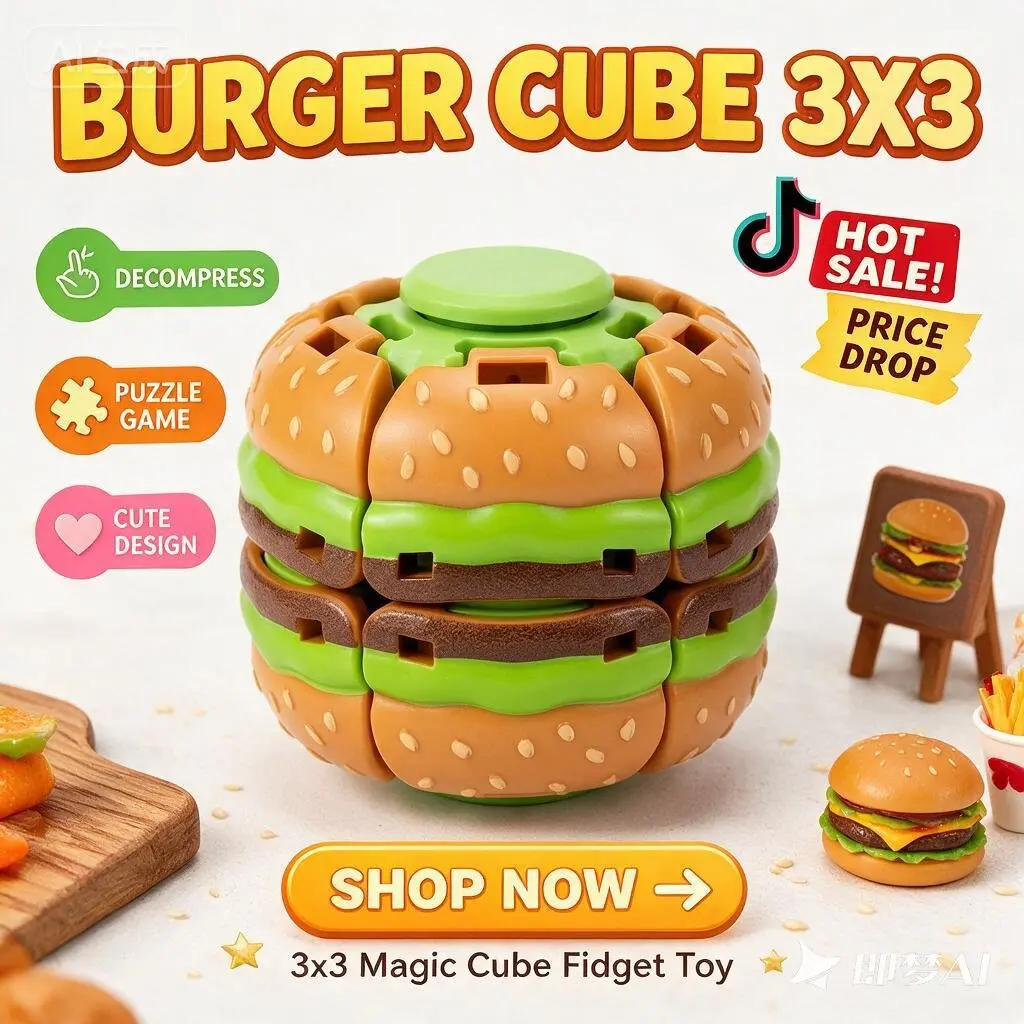 Press-to-Spin Transforming Burger Fidget Toy, High-Speed Rotating Stress Relief Sensory Desk Toy