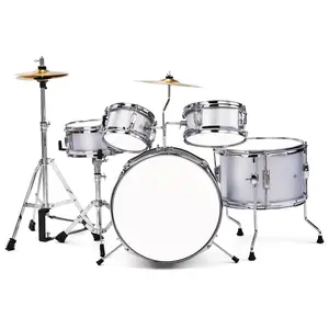 Junior Kids 5-Piece Percussion Instrument Set - 14"x10" Metal Shell Snare, Cymbal, Pedal, Sticks, Wrench, Stool, Silver Finish