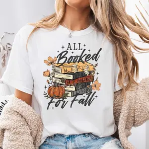 All Booked For Fall Pumpkin Books Floral Print, Neck Drop Shoulder T-Shirt, Autumn Reading Season Theme, Casual Daily Wear
