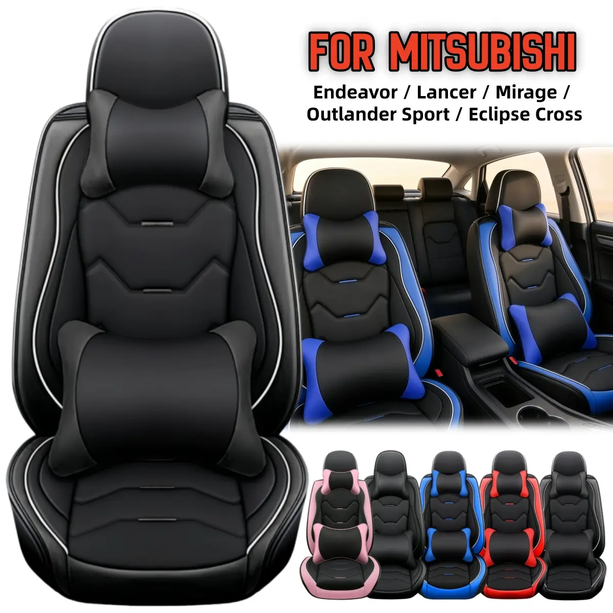 For Mitsubishi Endeavor 2004-2011/ Lancer 2012-2017/ Mirage 2015-2023/ Outlander Sport 2011-2023/ Eclipse Cross 2018-2023 Luxury Car 5 Seat Covers with Pillows & Storage Bag, Premium Leather Front & Rear Full Set Car Seat Covers Cushion Accessories