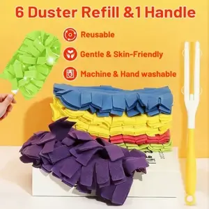 Duster Refills for Swiffer, Microfiber Dusters, Fleece Duster, Gentle, 6 Duster Refill and Handle, Reusable Heavy Duty Cloths, Washable Hand Dusters Pads, Reusable Washable Pads for Dust Removal on Fans, Blinds, Ceilings and All Surfaces