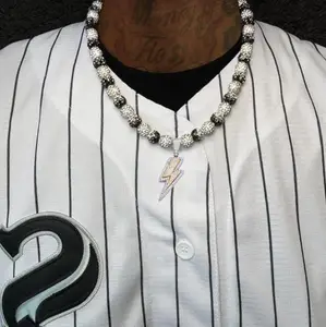 Iced Bling Disco Ball Rhinestone Pollyanna Crystal Bead Baseball Softball Necklace Black, White + Lightning Pendant