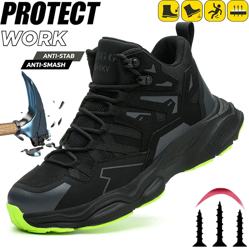 Men’s steel toe safety shoes with impact protection, lightweight breathable mesh upper, comfortable athletic shoes, puncture-resistant sole—industrial safety footwear suitable for construction work and outdoor hiking.