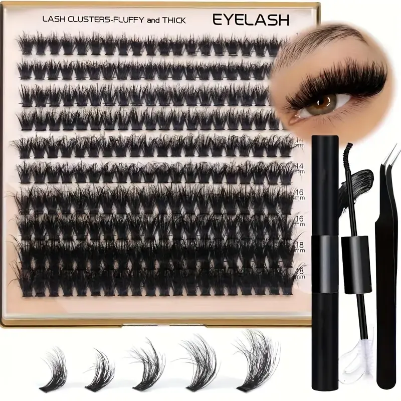 Christmas Set Glam Lash Kit – 10-18mm Thick Fluffy 200D Individual Cluster Lashes with Lash Bond, Remover & Applicator – Professional Salon-Quality for Volume & Drama  Eyelash Extensions Christmas Set Winter combination Cosmetic