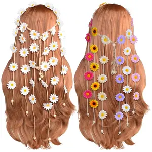 2pcs Flower Hippie Headband Floral Crown Summer Sunflower Hair Accessories for 70 s Bohemian Costumes Style Tiaras Updo
