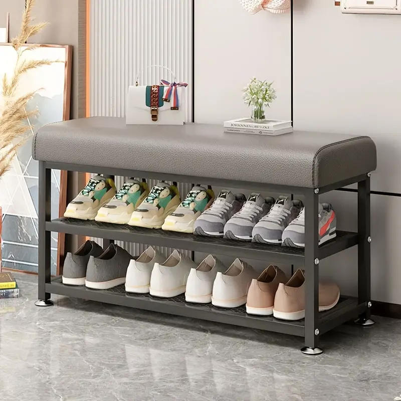 Modern Simple Metal-Frame Shoe Changing Bench with Storage, Easy Assembly Space-Saving Entryway Organizer, Multifunctional Household Furniture for Corridor, Assembly Required, Practical