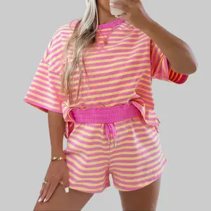 Women's S-4X Plus Size 2-Piece Rose Striped Terry Short Set - 95% Cotton Drop-Shoulder Boxy T-Shirt, Loose-Fit Shorts, Soft Breathable Fabric, Easy Movement, Modern Summer Vibe (Plus Size Sets), 2 Piece Sets