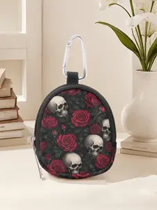 Rose Skull Pattern Mini Wallet, Lightweight Zipper Coin Purse with Hook Clip, Earphone Key Bag, Unisex Casual Style, All Seasons, Pouch