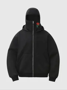 Women's Double-Layer Hooded Sweatshirt with Zipper Pocket, Rose Print Street Style Pullover for Fall & Winter, Casual Loose Fit Top, Floral Print Hoodie