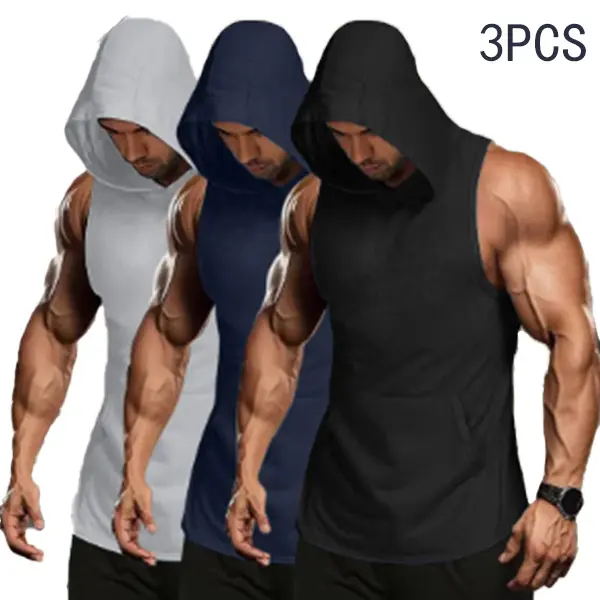 [Summer Vibes]Men’s three-piece sports hoodie set — off-shoulder muscle T-shirt and sleeveless fitness hoodie, suitable for men’s summer running, sports, and training; quick-drying and breathable Stylish Workout Menswear   Athletic