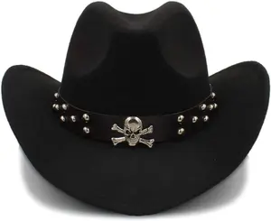 Skull Cowboy, Cowgirl Hat, Skull Strap, Men Women Retro Wide Brim, Western