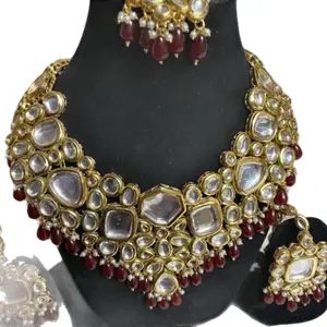 Kundan Heavy Bridal Set for Women - Gold Kundan Necklace with Red Accents and Earrings woman fashion accessory artificial jewellery vintage style Sweetheart Jewelry
