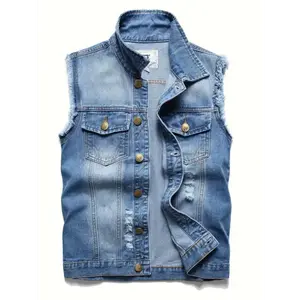 Denim Vest Men Lapel Sleeveless Slim Fit Retro Ripped Casual Jean Vest For Men's