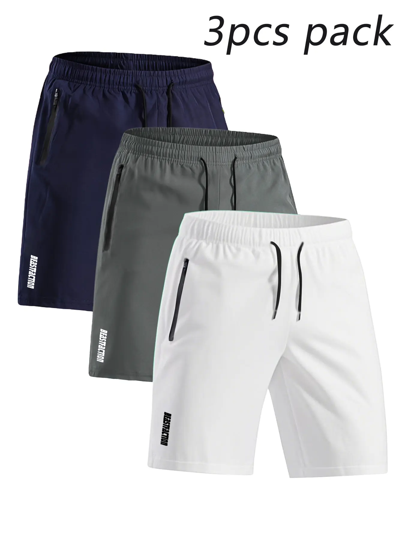 3pcs men's solid colour shorts with zip pockets and active elastic waist drawstring shorts for summer outdoor fitness leisure home tiktokshopbacktoschool