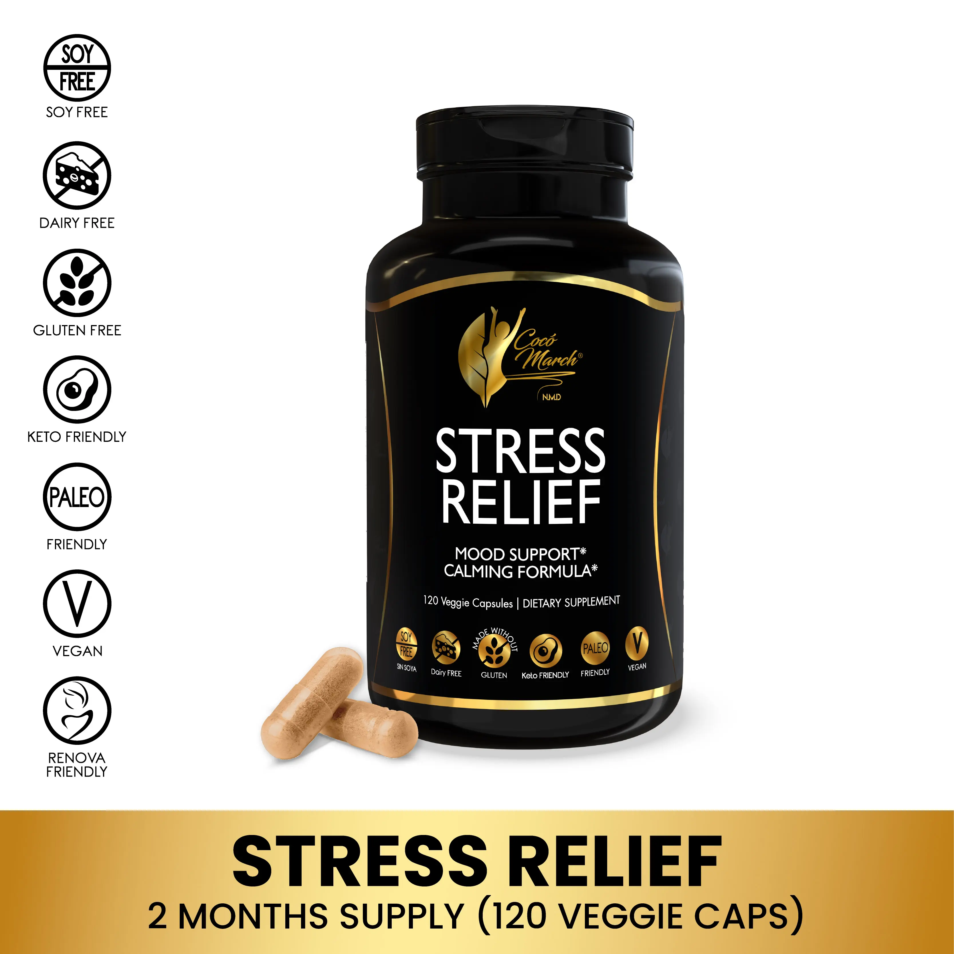 Cocó March N.M.D Stress Relief Dietary Supplement, Wellness Supplement for Adults - 120 Capsules per Container Cocó March N.M.D Stress Relief Dietary Supplement, Wellness Supplement for Adults - 120 Capsules per Container