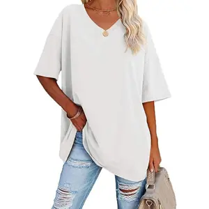 Women's T Shirts Oversized V Neck Striped Tees Half Sleeve Casual Comfy Cozy Cotton Tunic Tops Summer clothes