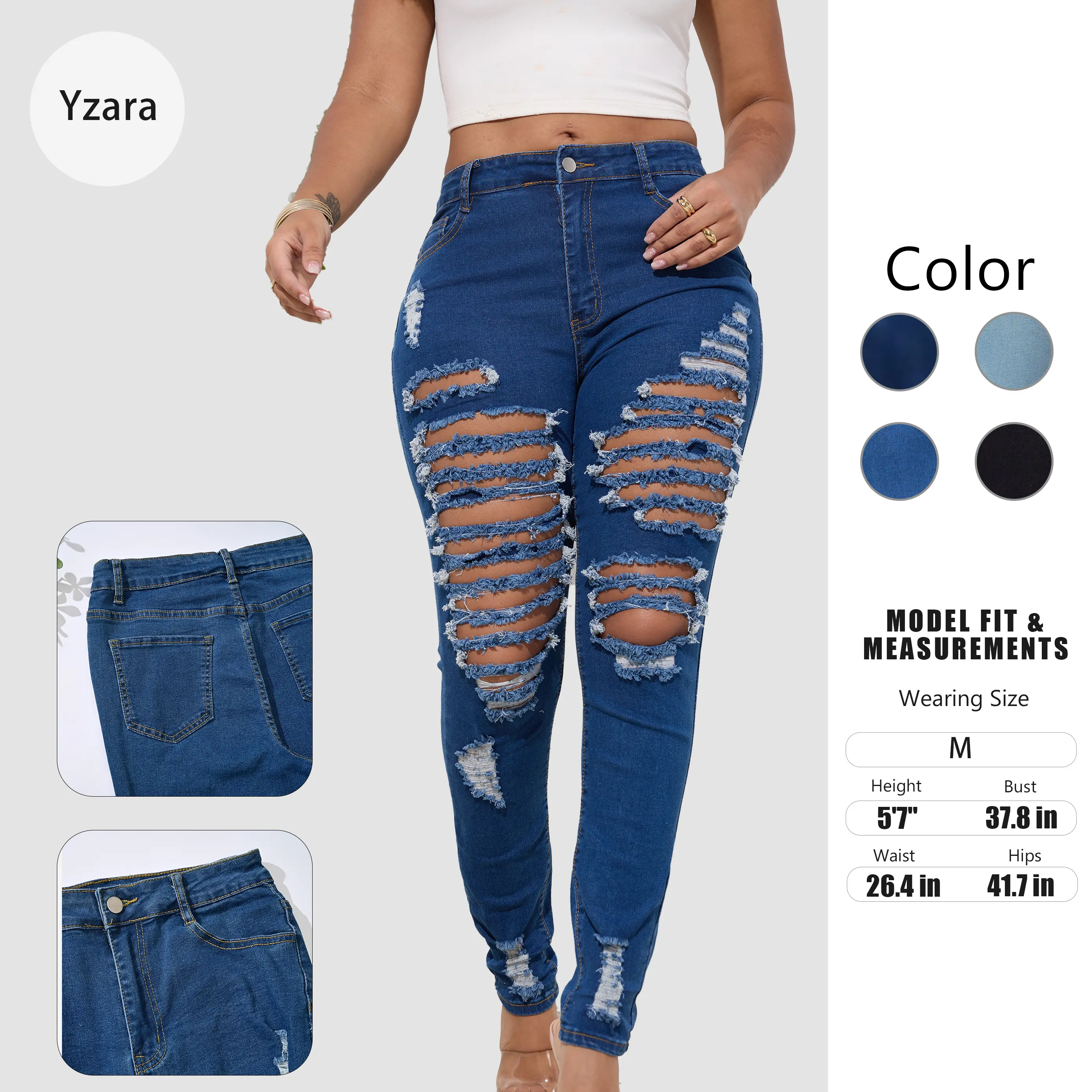 Women's Mid-Rise Ripped Skinny Jeans - Slim Fit Medium Stretch Cotton Blend Fabric, Distressed Knees, Stylish Women's Wear, Everyday Use, Hang Dry