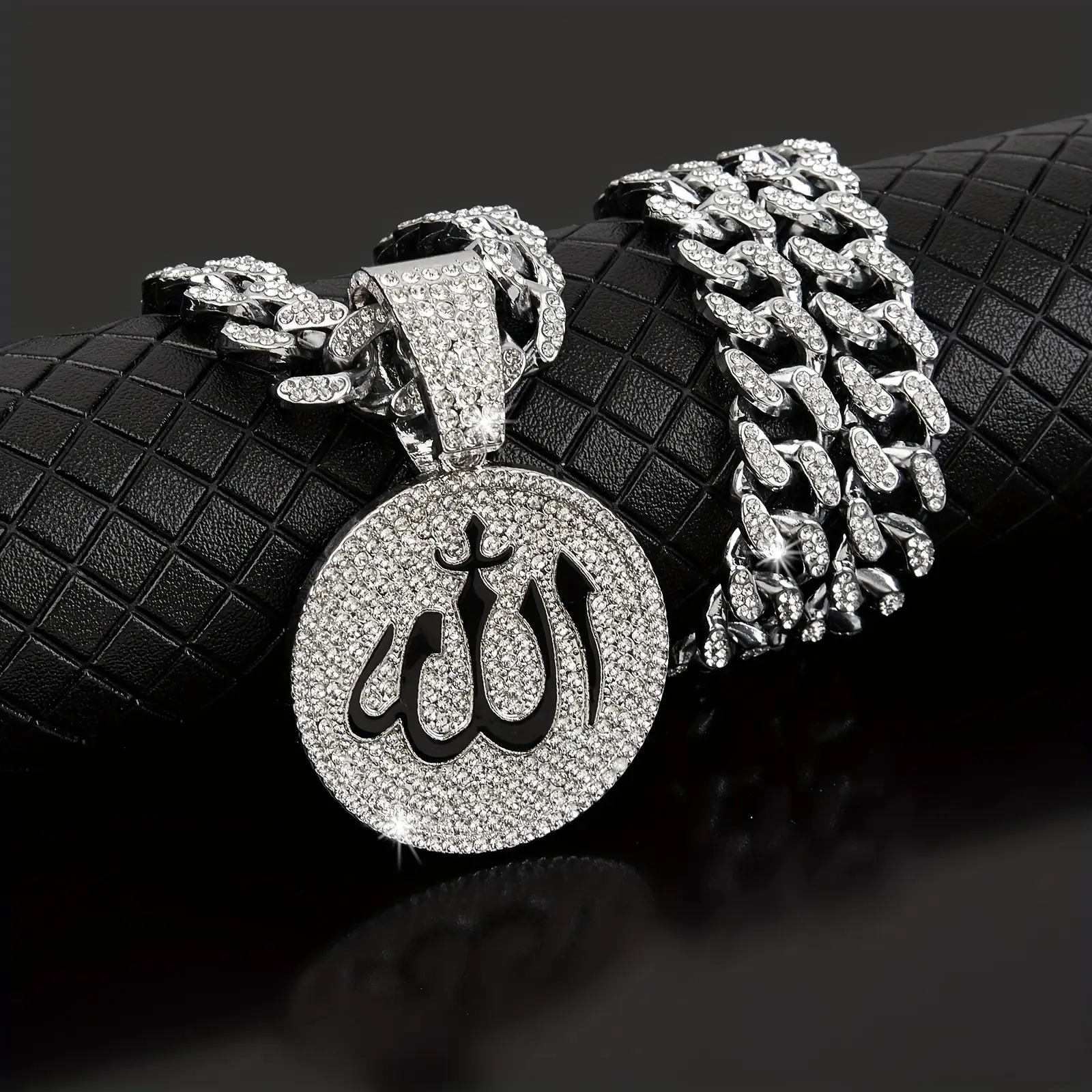 Vintage Allah Pendant Necklace with Moissanite, Hip-Hop Style Cuban Link Chain Jewelry for Unisex Wear, Durable with Adjustable Clasp, Jewelry Accessories, Cz Moissanite, Moissanite Jewelry