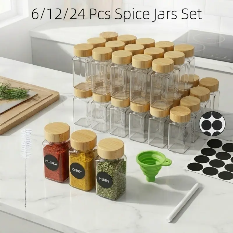 6/12/24 square glass spice jar set, Spice Containers with bamboo lid, includes funnel, labels, and cleaning brush for convenient spice storage.