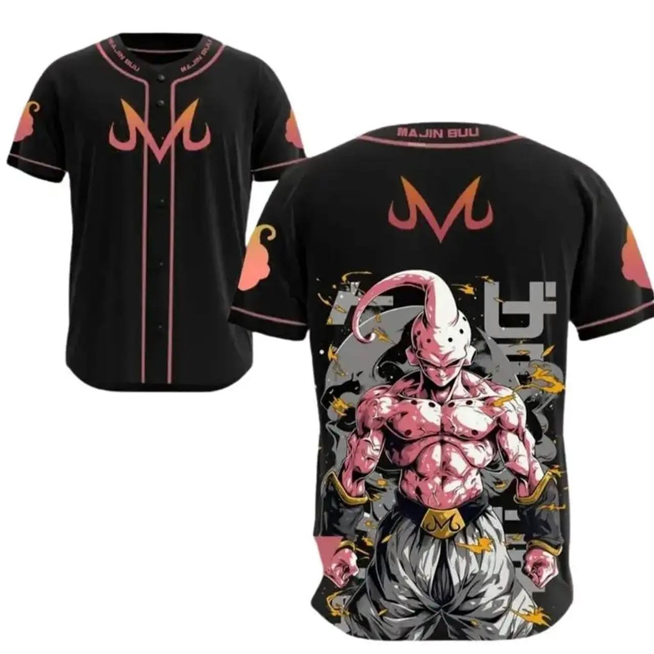 BaseMode Majin Buu Baseball Jersey Anime Fan Jersey Loose Fit 100% Polyester V-Neck Short Sleeves Button-Up Front Closure