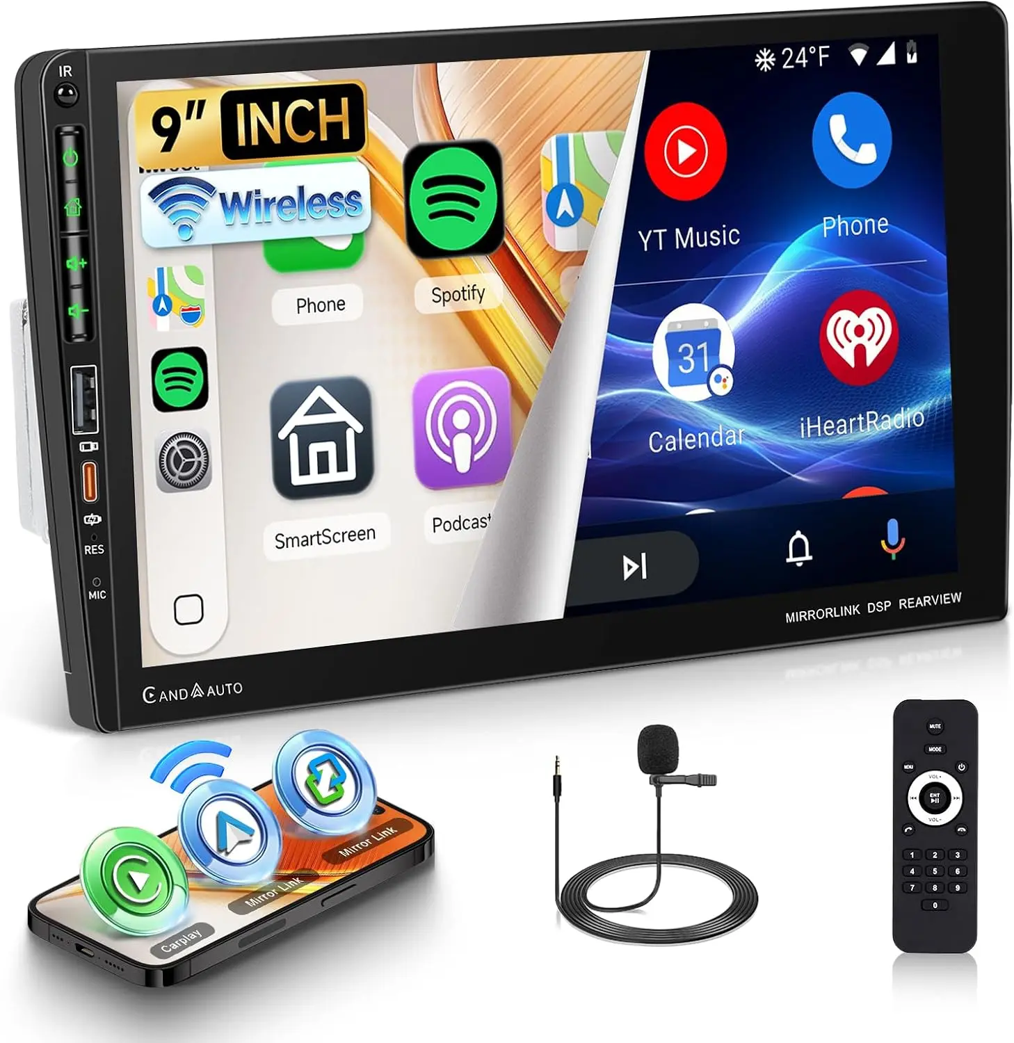 9 Inch Single Din Car Stereo with Wireless Carplay Android Auto，1 DIN Touchscreen Car Radio with Bluetooth Mirror Link AM/FM/RDS Steering Wheel Control EQ USB Online Video+ Backup Camera
