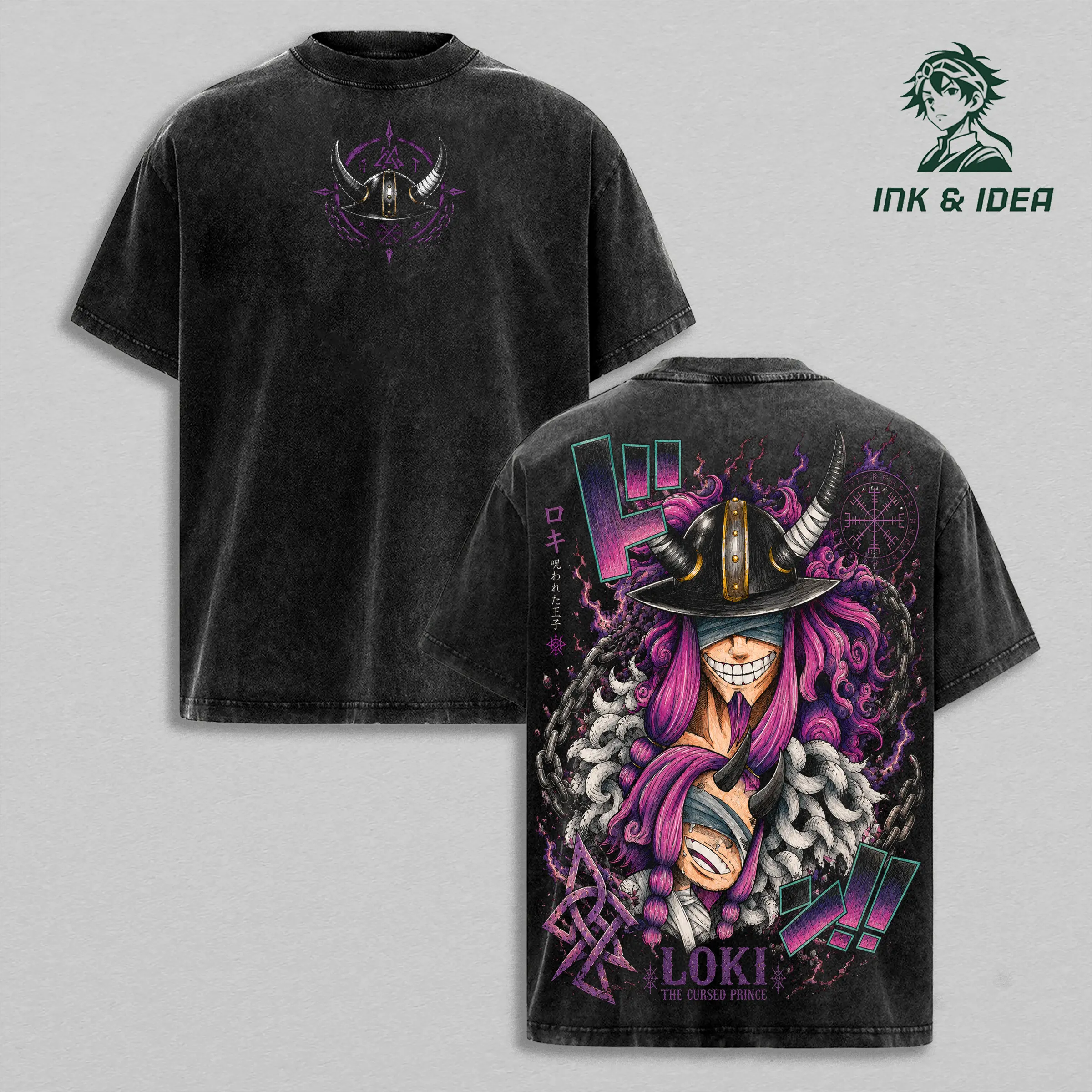 Loki One Piece Vintage Washed T-Shirt, Cursed Prince Anime Graphic Tee, Oversized Back Print Streetwear Heavy Cotton Shirt