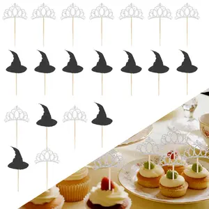 24 Packs Christmas Witch Hat and Crown Toppers, Happy Birthday Cupcake Toppers, Glitter Tiara Cake Decorations for Dessert, Birthday, Halloween, Movie Themed Party Decor