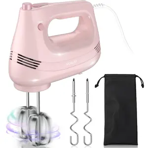 Electric hand mixer with stainless steel whisk, dough hook attachment, and storage bag; handheld mixer for baking cakes, eggs, and cream; pink kitchen blender with turbo boost and 5 speeds