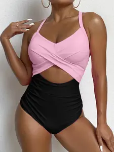 Women's Colorblock Criss Cross One-piece Swimsuit Surplice, Casual Cut Out Knot Back One Piece Swimwear for Summer, Women's Swimsuit for Beach Wear, Criss Cross Swimsuits