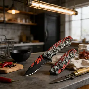 Skull Pattern Kitchen KnifeIntricate Flame Skull Relie FoldableKitchen Knife UniqueCulinary GiftBoldRedBlackFoldable CulinaryKnife | Ideal Gift for Cooking Enthusiasts Meal Prep Foldable Kitchen Knife Fruit & Vegetable Cutting Utility Knife Unique Kitchen