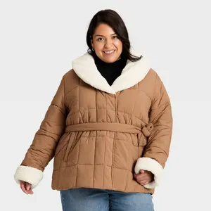Women's Belted Faux Shearling Puffer Jacket - Ava & Viv Women's Belted Faux Shearling Puffer Jacket - Ava & Viv