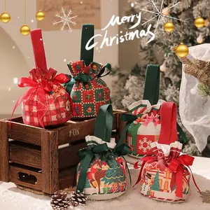 2-10pcs Christmas Gift Bag With Bow Cartoon Apple Candy Packaging Box Party Supplies Linen Storage Bag