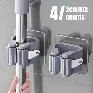 Wall Mounted Mop & Broom Holder, 2/4 Counts Punch Free Self Adhesive Mop & Broom Storage Rack, House Organizer, Home Organizer, Bathroom Organizing Accessories for Bathroom Kitchen Toilet