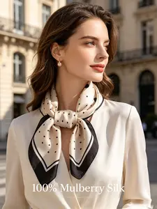 1PC 70*70cm Square Modern Geometric Silk Scarf, Classic Cream Black Gradient Polka Dot Print with Black Satin Border 100% Mulberry Silk Lightweight Scarf, Versatile Fashion Accessory for Daily Commute, Travel, Hiking, Gym & Summer Beach